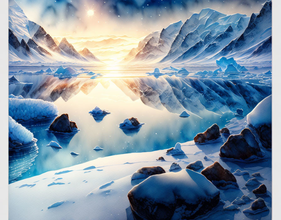 Snow-covered landscape with mountains, floating ice, and reflective water at sunset.