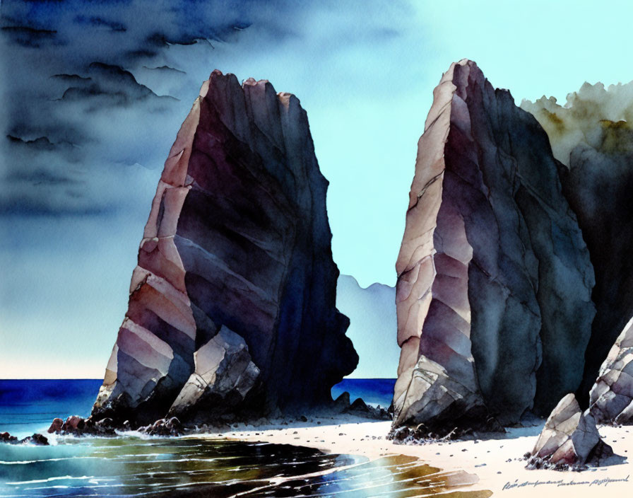 Serene beach watercolor with jagged rocks, shimmering sea, dramatic sky