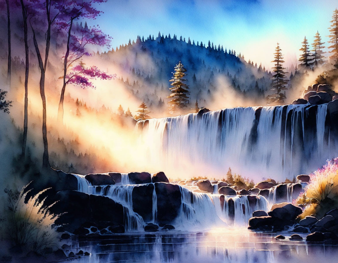 Tranquil watercolor: Cascading waterfall in misty forest with sunlight and pink-hued tree