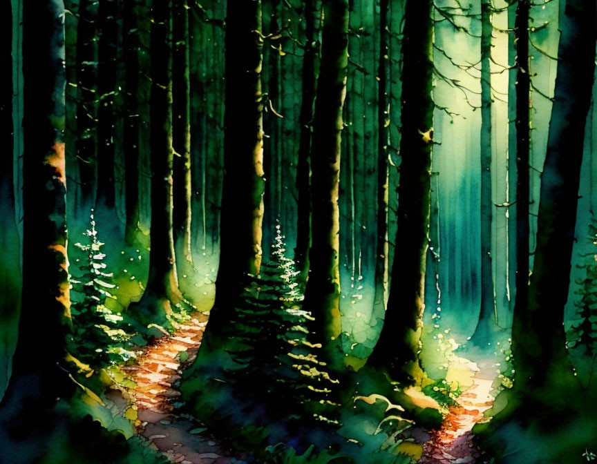 Sunlit forest path watercolor painting with tall trees