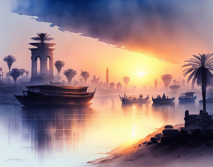 Sunset river scene with palm trees, boats, and ancient structures reflected on water.