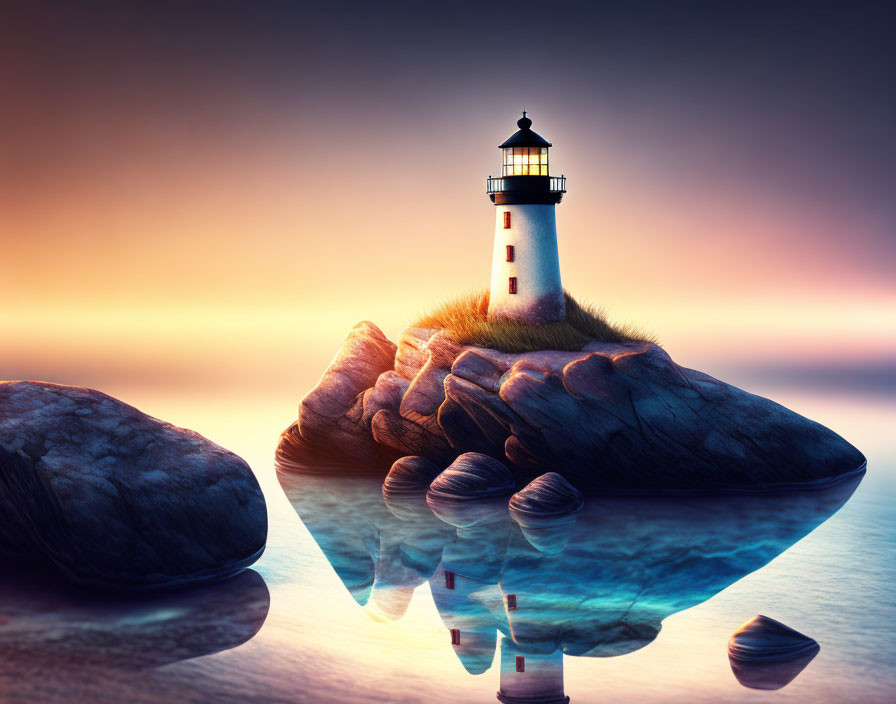 Lighthouse on rocky outcrop reflected in calm waters at sunset