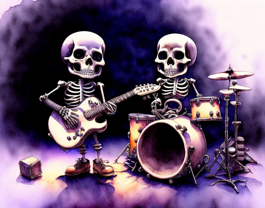 Illustrated Skeletons Playing Guitar and Drums on Purple and Blue Background