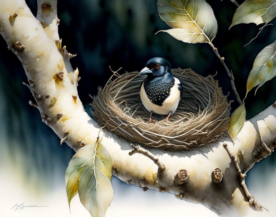 Black and white bird in nest on birch tree branch with green leaves