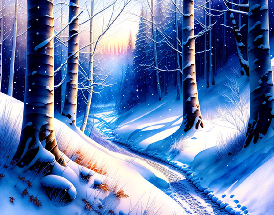 Snow-covered trees in serene winter forest scene with footprints on path and soft glow.