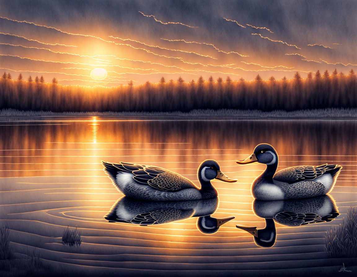 Ducks on tranquil lake at sunset with sunrays and forest reflection