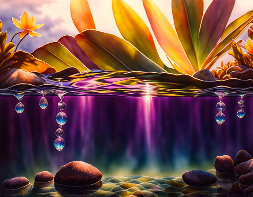 Digital Artwork: Tranquil Underwater Scene with Stones, Water Droplets, and Flower