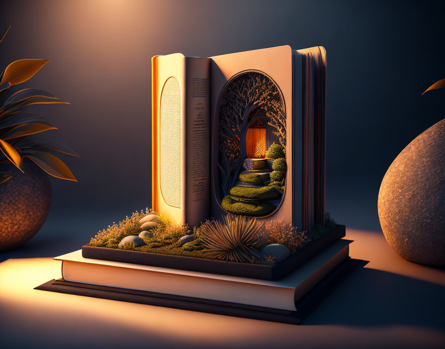 Mystical forest scene in open book with arched doorway