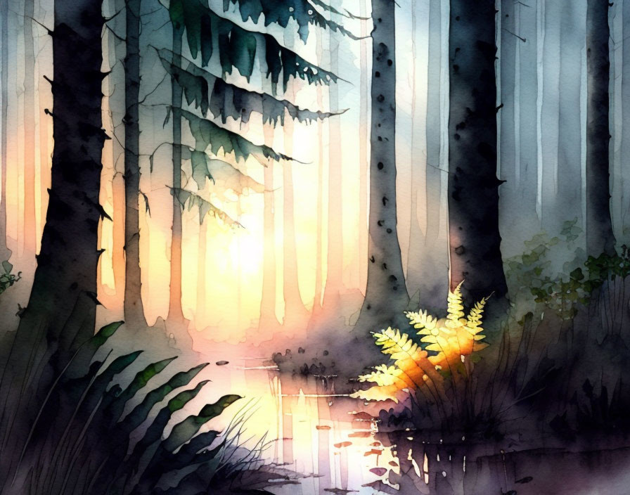 Serene forest watercolor with sun, trees, water reflection, and ferns