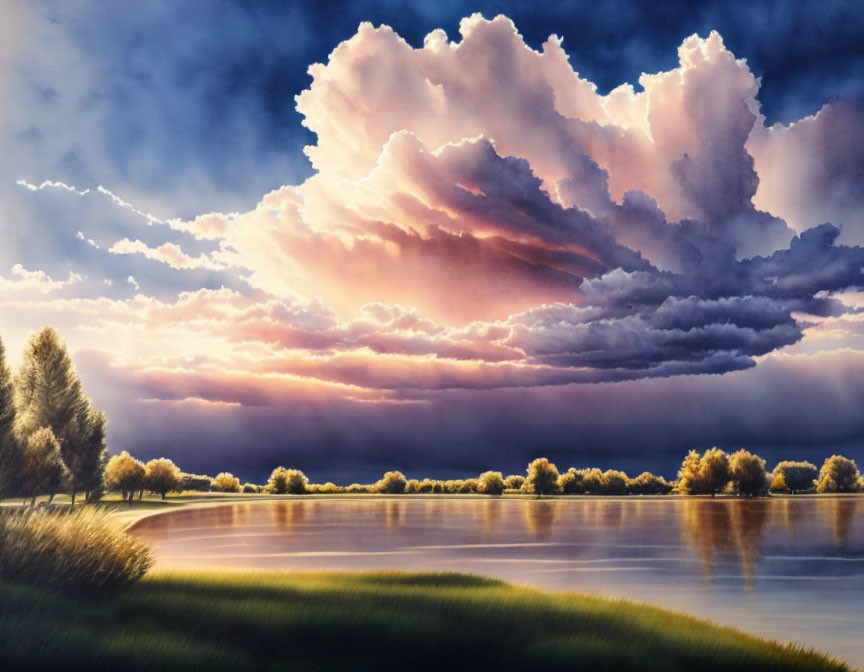 Tranquil lake landscape with sunlit clouds at dusk