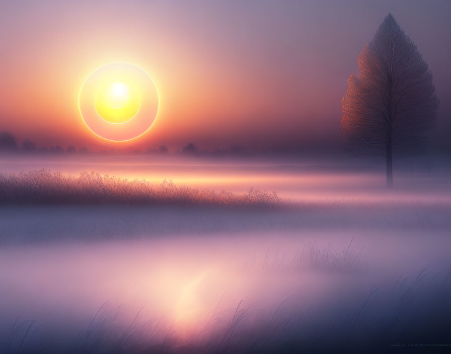 Tranquil sunrise scene with lone tree in foggy field