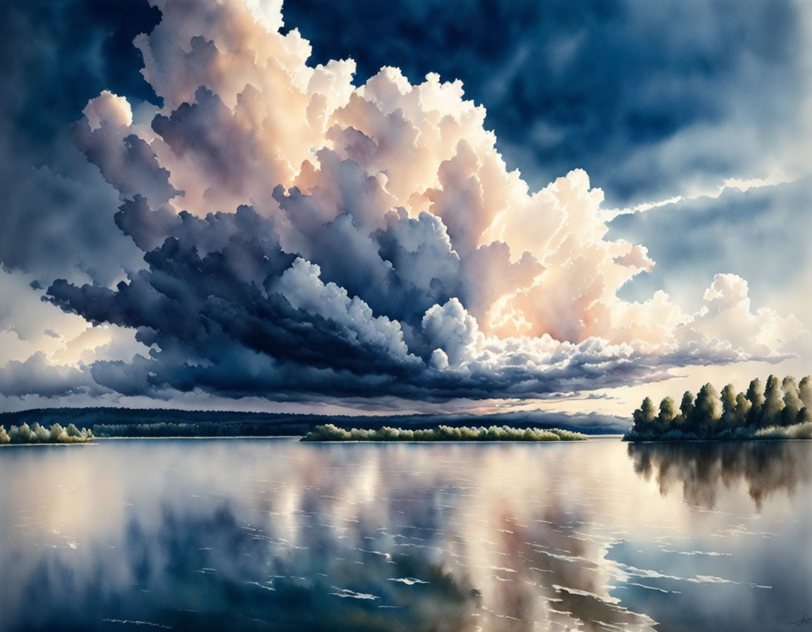 Tranquil lake landscape with dramatic sky and silhouetted trees