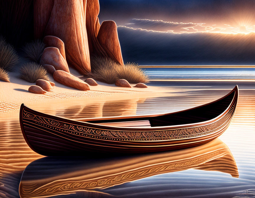 Tranquil sunset scene with canoe on calm waters and human feet on golden sands