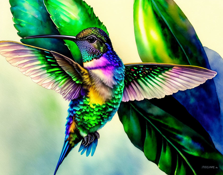 Colorful Hummingbird Watercolor Painting with Spread Wings