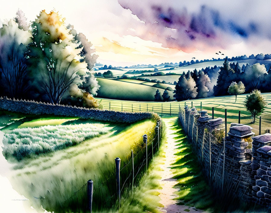 Scenic watercolor landscape of rolling hills and stone wall