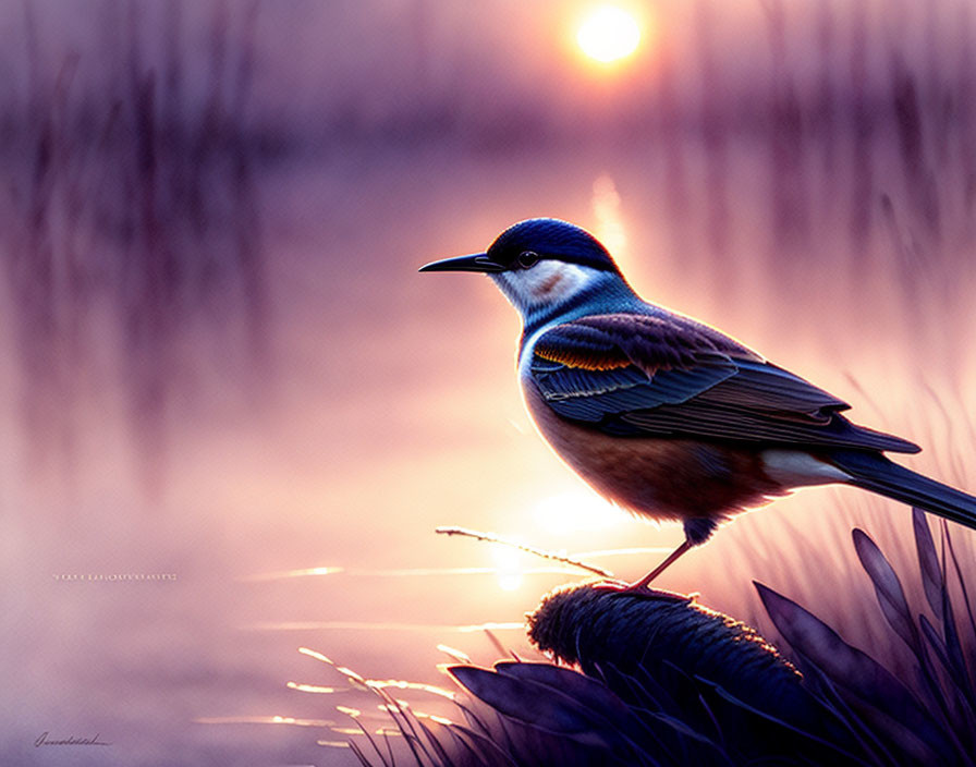 Bird perched on plant at sunset with warm glow and blurred reeds background