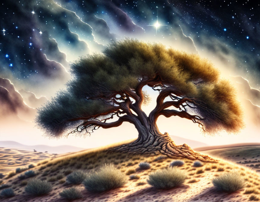 Solitary tree with thick trunk in desert under starry night sky