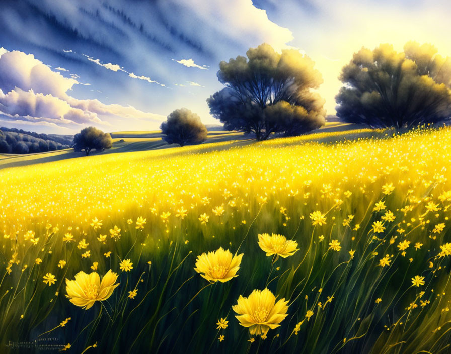 Scenic landscape: yellow flowers, blue sky, green trees