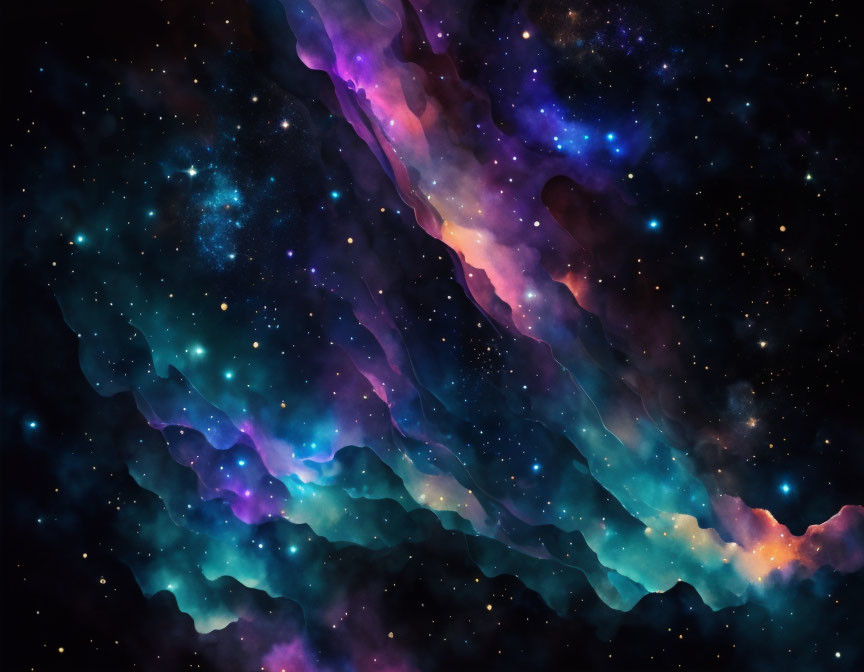 Colorful cosmic scene: blue, purple, and pink nebula among starry backdrop