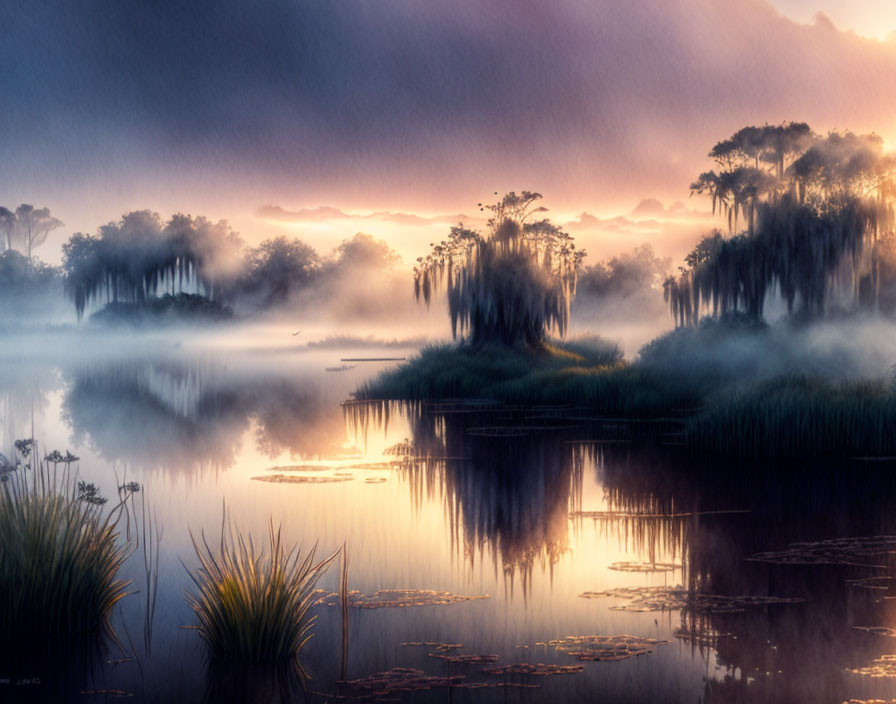 Tranquil dawn scene: misty swamp, tree silhouettes, calm water, warm sky