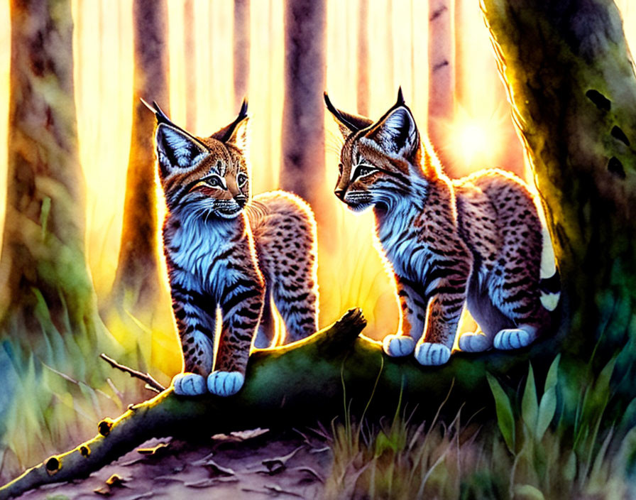 Illustrated bobcats in sunlit forest observing surroundings