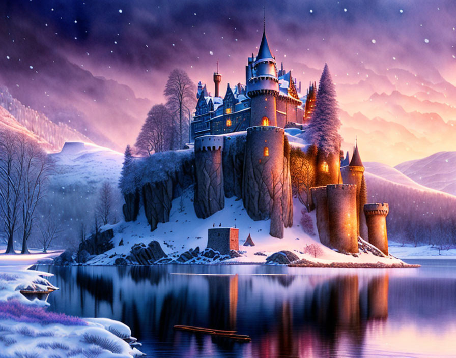 Majestic castle on cliff overlooking snowy lake at twilight