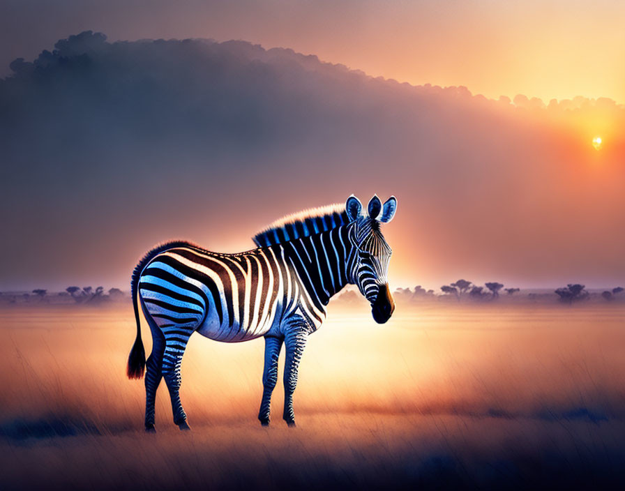 Zebra in misty savanna at sunrise with warm light and orange sky