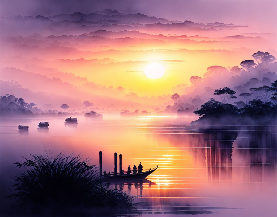 Tranquil sunrise over misty lake with boat silhouettes and hills under gradient sky