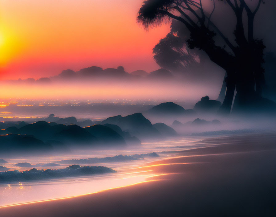 Tranquil sunrise beach scene with silhouetted tree and gentle waves