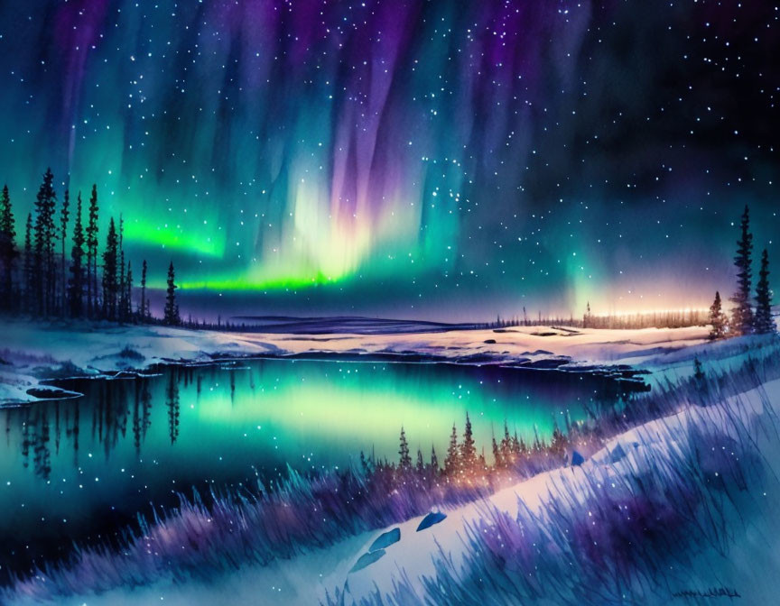 Starry night sky with northern lights over snow-covered forest & lake