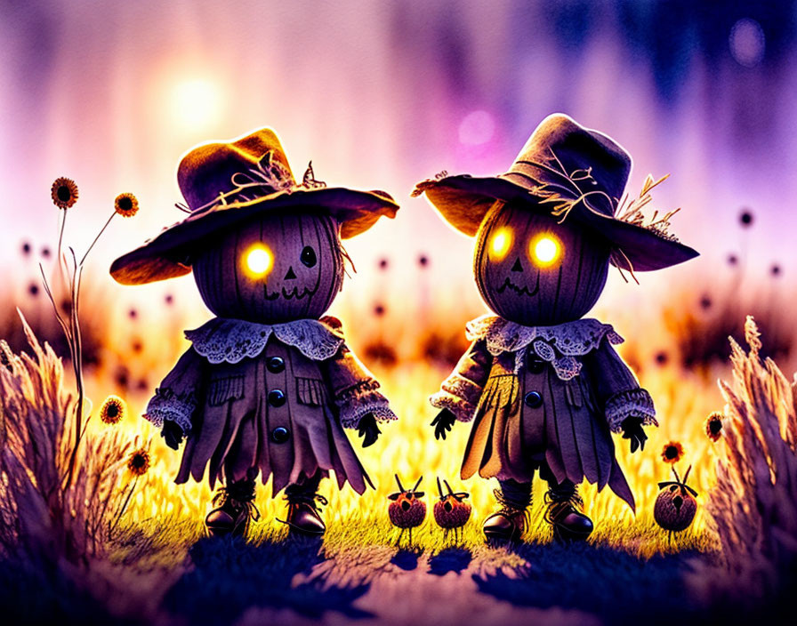 Whimsical scarecrow figures in vintage clothing and hats in twilight field