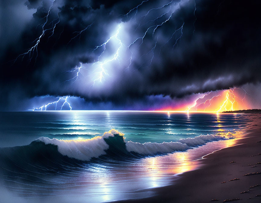 Stormy sky over turbulent ocean with lightning striking beach.