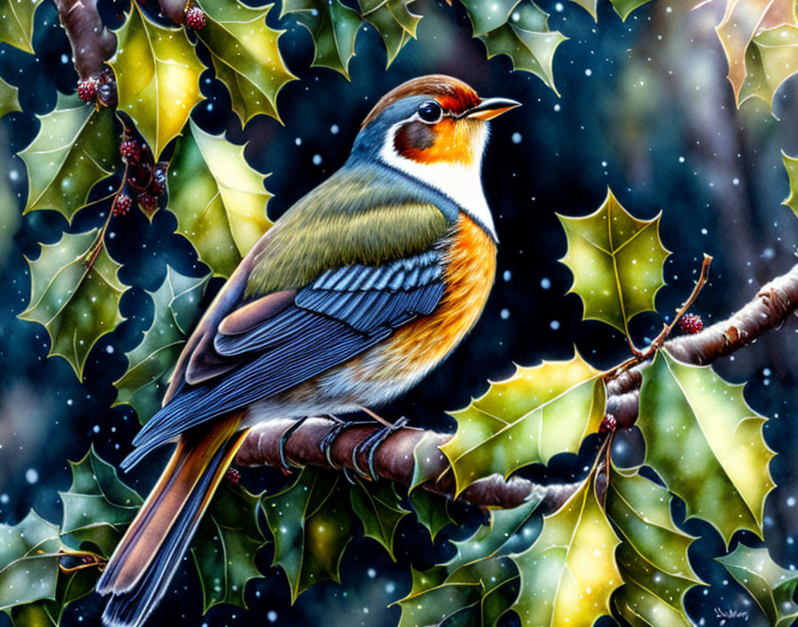 Colorful Bird with Orange Face Resting on Branch Among Holly Leaves in Snowy Scene