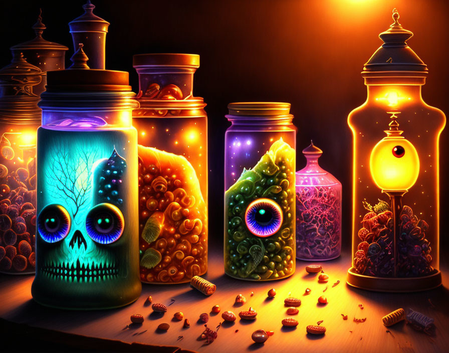 Fantasy jars with skull, tentacles, eye, and candies under warm light