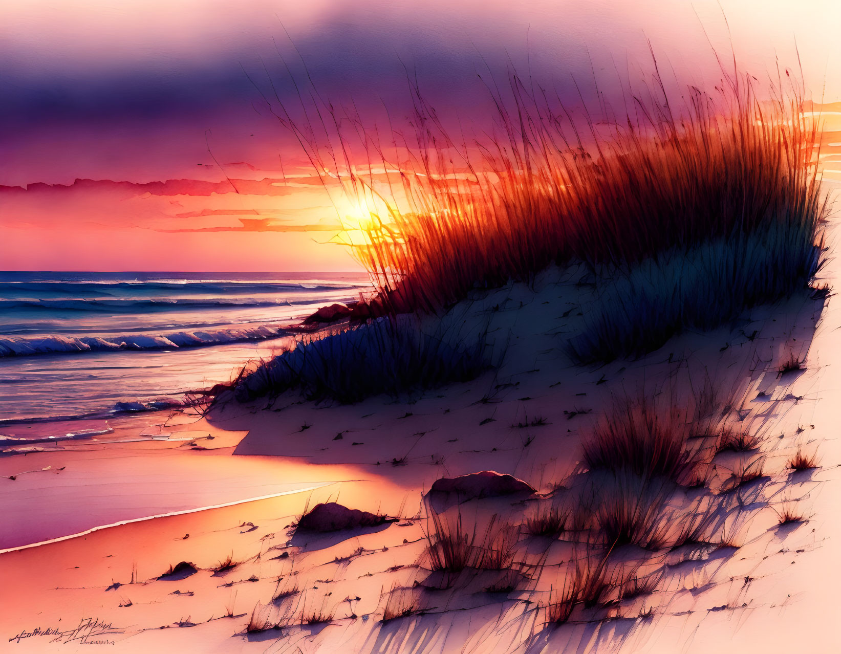 Scenic Beach Sunset with Silhouetted Grass and Colorful Sky