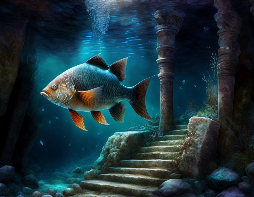 Large Fish Swimming by Submerged Ancient Ruins in Dark Underwater Landscape