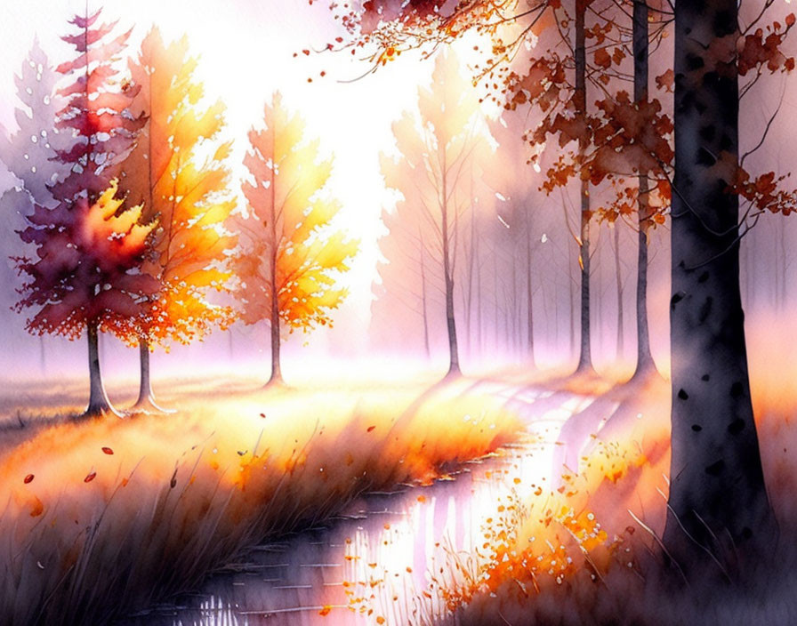 Vibrant autumn trees on path with golden leaves and soft glow