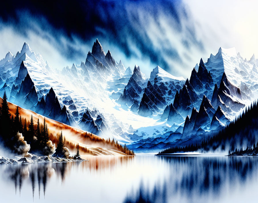 Serene mountain landscape with sharp peaks and calm lake