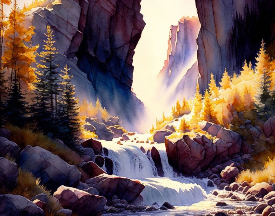 Serene landscape watercolor with waterfall, autumn trees, cliffs