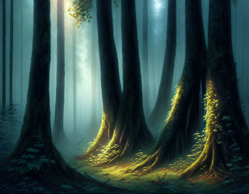 Towering trees in misty forest with soft, verdant light