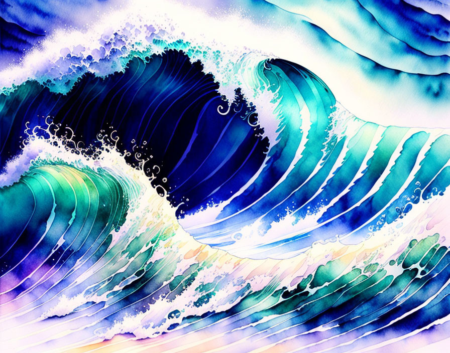 Dynamic Ocean Wave Watercolor Painting in Blue and Turquoise