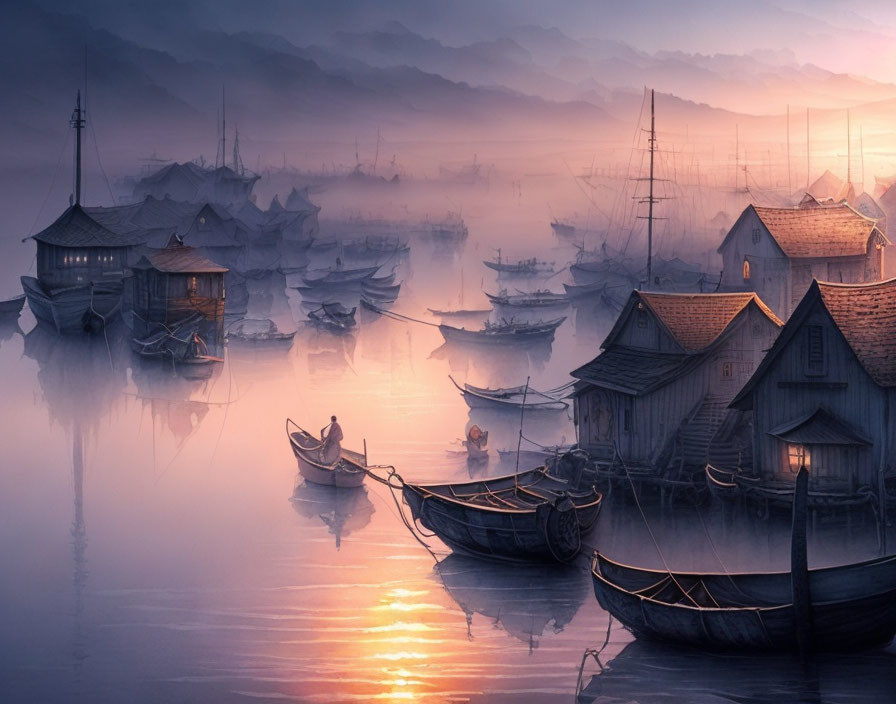 Foggy Sunrise River Scene with Wooden Houses and Boats