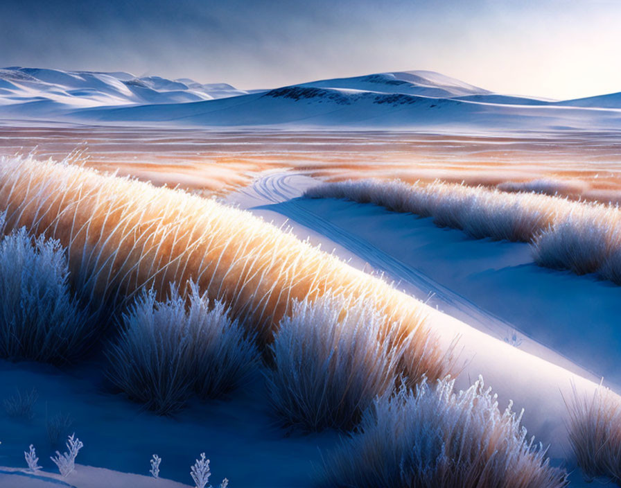 Sunrise Desert Landscape: Frost-covered Dunes & Golden Light