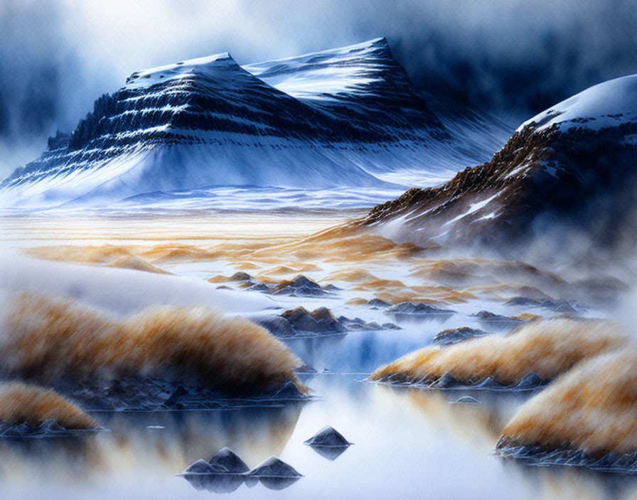 Snow-capped mountain landscape with tranquil water and hazy sky