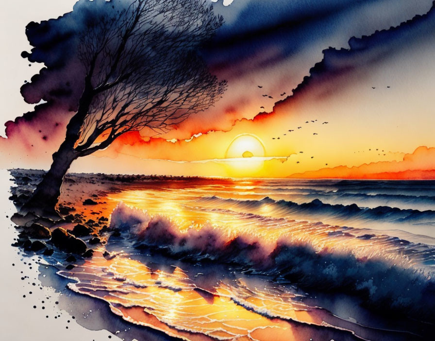 Vivid Watercolor Painting: Sunset Silhouette of Lone Tree on Beach