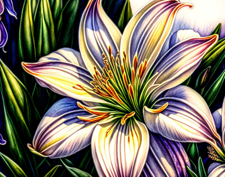 Colorful Lily Illustration with Vibrant Petals & Stamens in Green Foliage