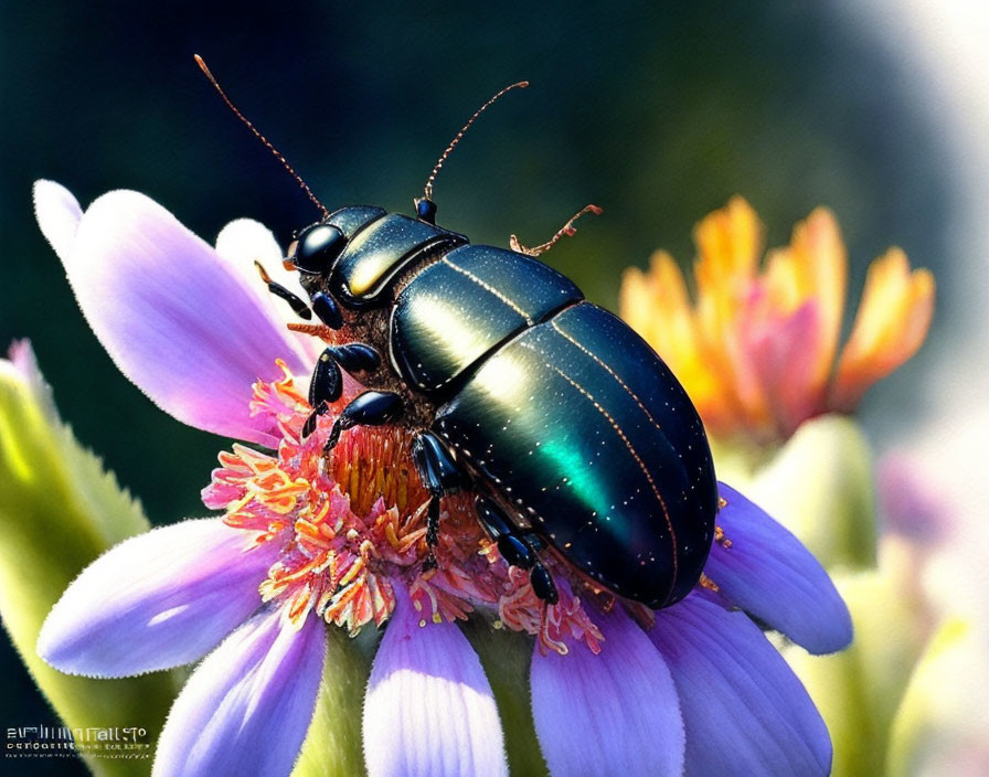 Iridescent blue and green beetle on pink flower with yellow centers