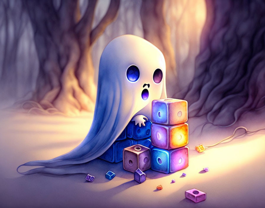 Cartoon ghost with surprised expression and glowing dice in mystical setting