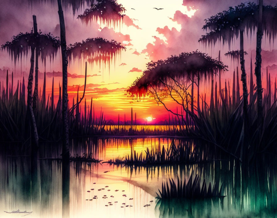 Colorful Watercolor Sunset with Silhouetted Trees & Birds