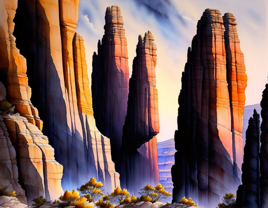 Majestic rock formations under blue sky with desert vegetation